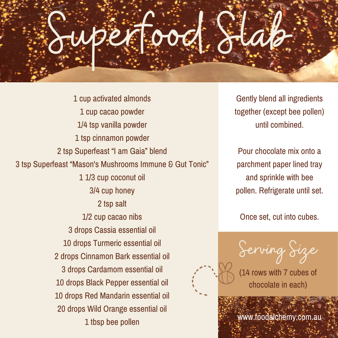 Superfood Slab essential oil reference: Cassia, Turmeric, Cinnamon Bark, Cardamom, Black Pepper, Red Mandarin, Wild Orange