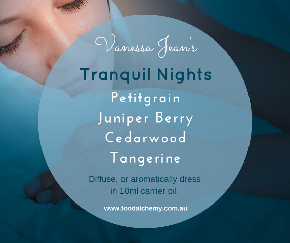 Tranquil Nights essential oil reference: Petitgrain, Juniper Berry, Cedarwood, Tangerine