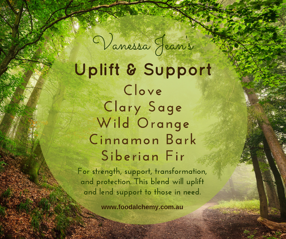 Uplift & Support essential oil reference: Clary Sage, Siberian Fir, Clove, Cinnamon Bark, Wild Orange