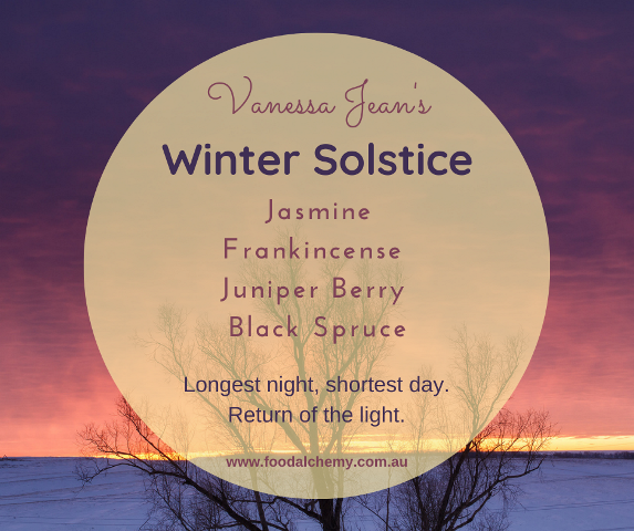 Winter Solstice essential oil reference: Jasmine, Frankincense, Juniper Berry, Black Spruce