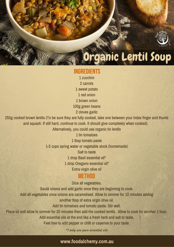 Organic lentil soup with Oregano and Basil essential oils