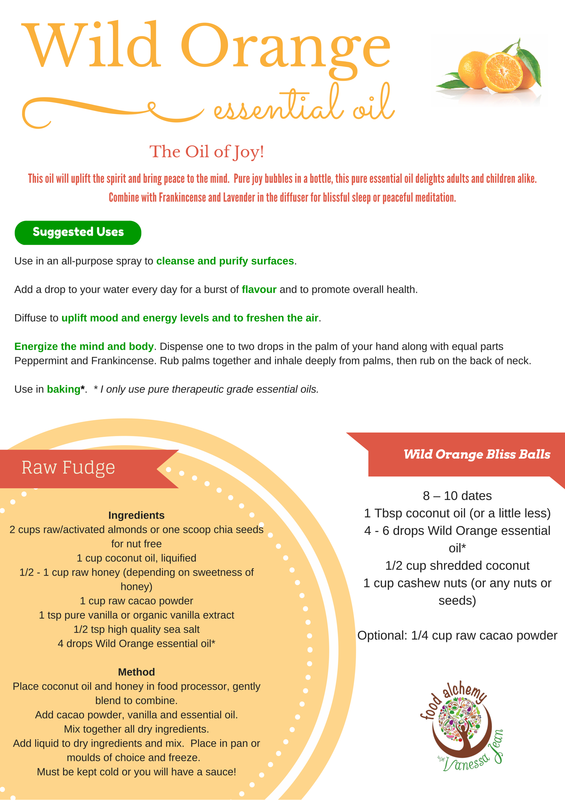 Wild Orange essential oil fact sheet with raw fudge and Wild Orange Bliss Balls